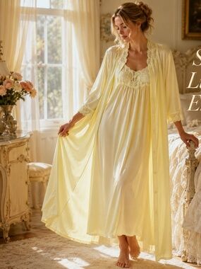 Vintage Coquette Butter Yellow Peignoir Set Lace Nylon Nightgown Robe